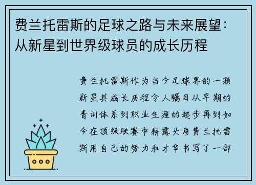费兰托雷斯的足球之路与未来展望：从新星到世界级球员的成长历程